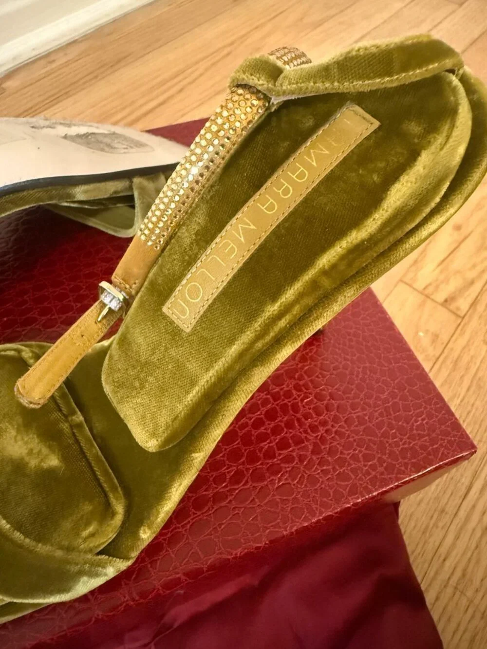 Tamara Mellon Olive Green Velvet Crystal Heel Sandals EU 38.5 | Worn Once